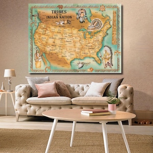 Native American Tribes Karte Malerei, Native American Tribes Karte Drucken Poster Leinwand Kunst, Antike Karte Poster, fertig zum Aufhängen, Vintage Karte Druck