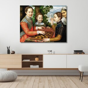 May include: A framed canvas print of a Renaissance-era painting depicting four figures. Two women and a young girl are gathered around a chessboard. The women wear ornate gowns in shades of red, blue, and gold. A fourth woman observes from the background.