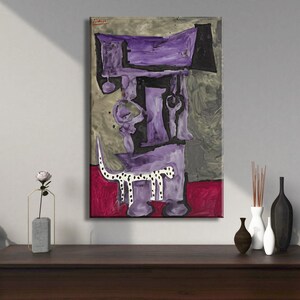 May include: Abstract painting featuring a purple and black geometric shape with a white spotted dog in front of it. The background is a muted green and the bottom is a red color.