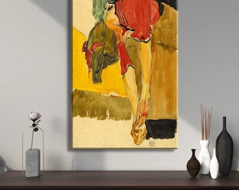 Impresión de Egon Schiele: Chica poniéndose un zapato, póster abstracto expresionista