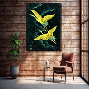 Gru volanti su tela, decorazione da parete/pittura giapponese, decorazione da parete/illustrazione artistica/stampa di opere d'arte asiatiche/poster di uccelli gru/regalo giapponese/natalizio