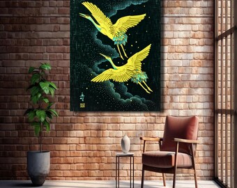 飛翔する鶴のキャンバスアート：日本画の壁装飾 - Etsy 日本