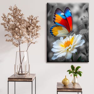 Stampa su tela con farfalle colorate, stampa con natura vibrante, poster con fiori e farfalle, arredamento moderno per la casa, stampa botanica da parete
