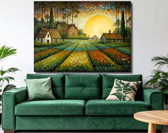 Countryside Landscape Art PRINT, Mountains Field Flowers Painting