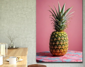 May include: A pineapple with green leaves sits on a pink and blue patterned tablecloth against a pink background.