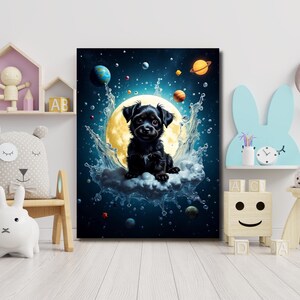 Kosmischer Welpe Leinwand Kunstdruck, Fantasy Hund Wand Dekor, Süßer Weltraum Leinwand, Galaxie Hund Poster, Surreales Haustier Liebhaber Geschenk