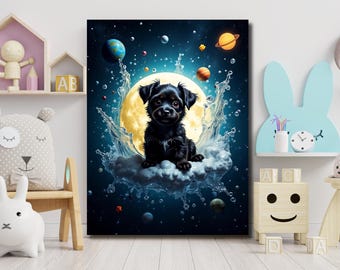 Impresión en lienzo de Cachorro Cósmico: Arte mural de perro galáctico de fantasía