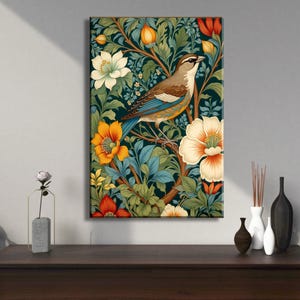 William Morris Inspired Canvas Poster, Bird and Flowers Print, Botanical Vintage Art Nouveau Poster, Morris Art, Art Nouveau Floral Print