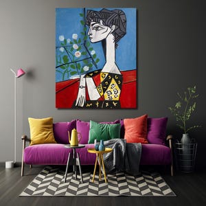 Impresión artística en lienzo de «Retrato de Jacqueline» de Pablo Picasso, lista para colgar, póster colorido de Picasso, arte para la decoración del hogar.