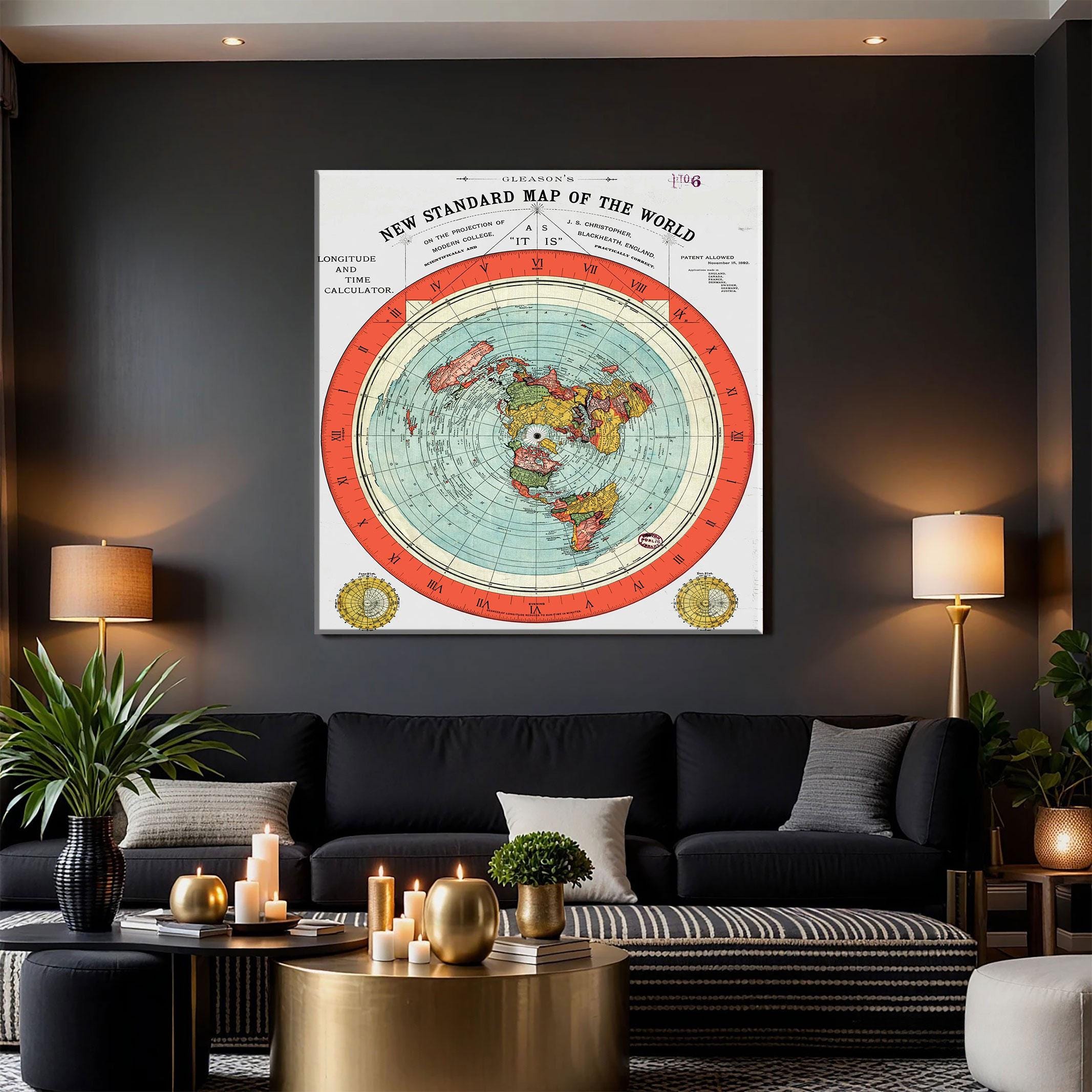 Artery8 Map Gleason 1892 World Time Calculator Flat Earth Artwork Framed Wall Art Print 18X24 Inch Carta geografica Mondo Parete