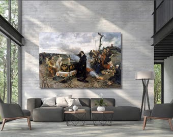 May include: A large framed print of a historical painting depicting a gathering of people in a field. The artwork features figures in period clothing, with a central figure in black. The scene includes a fire and a cloudy sky.