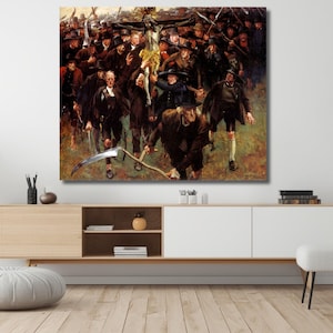 May include: A large, framed print of a historical painting depicting a crowd of men in dark clothing and hats, some carrying tools. The artwork has a somber tone, with a focus on the figures and their expressions. A large scythe is in the foreground.