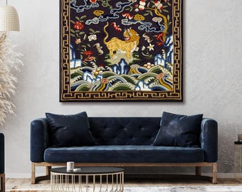Bordado em seda chinesa, desenho de leopardo, pantera e tigre, arte de parede da dinastia Qing.
