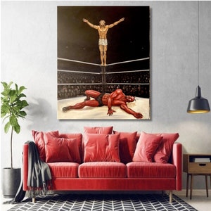 Könnte beinhalten: Ein Gemälde, das einen Wrestling-Kampf zwischen Jesus und dem Teufel darstellt. Jesus steht auf dem obersten Seil eines Wrestling-Rings mit ausgestreckten Armen, während der Teufel unten auf der Matte liegt. Das Gemälde spielt in einer dunklen, verrauchten Arena mit einer Menge von Zuschauern, die das Match verfolgen.