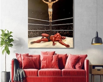 Jesus vs Satan Wrestling Match Art Print – Unique Canvas Wall Decor