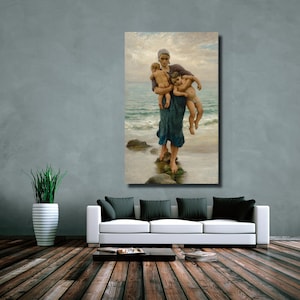 The Fisherman&#39;s Wife and her Bathing Children Poster/Canvas Wall Art,Vintage Poster Art,Reproduction Print,VIRGINIE DEMONT-BRETON Art Print