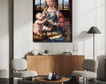 May include: A painting of the Madonna and Child, with the Virgin Mary holding a baby in her arms. The painting is set against a backdrop of a landscape with a building in the distance.