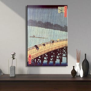 Utagawa Hiroshige: Sudden shower over Shin-Ōhashi bridge and Atake (1858) Canvas Wall Art,Edo Period Painting Gift, Japanese Poster Print