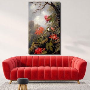 Martin Johnson Heade - Hummingbird And Passionflowers Canvas Wall Art,  Fine Art Print, Classical Art Print, Framed Home Decor Wall Art
