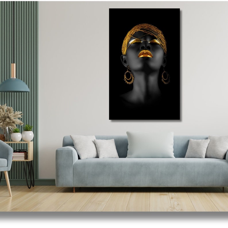 GLOKAKA African American Woman Canvas Wall Art - Black Gold Modern Portrait For Living Room Decor
