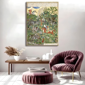 May include: An antique framed painting depicting a hunting scene with figures on horseback and animals in a lush, green landscape. The artwork features detailed brushstrokes and vibrant colors, with text along the top and bottom.