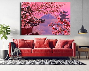 May include: A pink and white painting depicting a Japanese pagoda with cherry blossoms in bloom. The pagoda is set against a backdrop of a mountain range and a pink sky.