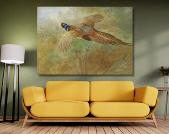 Pheasant in Flight Canvas Print: Vintage Bird Illustration Wall Art