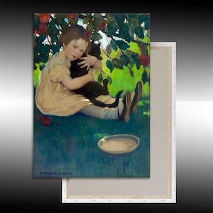 May include: A young girl in a yellow dress sits under a tree with a black cat in her arms. The girl is looking at the viewer with a serious expression. There is a bowl on the ground in front of them.