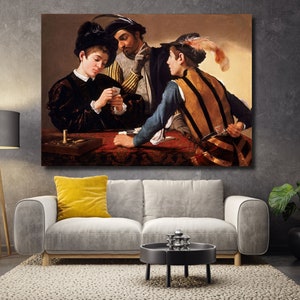 The Cardsharps Jogo Jogadores de Cartas 1594 Pintura Italiana Por Caravaggio Repro The Cardsharps por Caravaggio| Decoração de Parede Arte em Tela Impressão de Pôster|