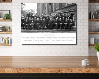 Póster de física de la Conferencia Solvay de 1927, lámina científica antigua, lienzo de físicos destacados