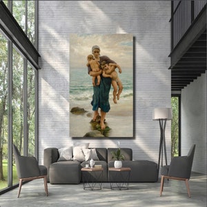 Póster/lienzo de La esposa del pescador y sus hijos bañándose, arte de pared, póster vintage, impresión de reproducción, impresión artística de VIRGINIE DEMONT-BRETON