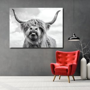 Cow With Tongue Black White Print Highland Cow Canvas Wall Art Farmhouse Decor Rustic Wall Decor Scottish Cow Wall Art Cow Animals Painting
