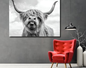Cow With Tongue Black White Print Highland Cow Canvas Wall Art Farmhouse Decor Rustic Wall Decor Scottish Cow Wall Art Cow Animals Painting
