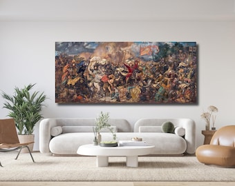 May include: A large, detailed painting depicting a chaotic battle scene. The painting is dominated by a mass of figures, both on foot and horseback, engaged in fierce combat. The scene is filled with smoke, dust, and the carnage of war. The painting is rendered in a realistic style, with a focus on the details of the figures and their weapons.