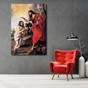 John the Baptist With Jesus Wall Art, The Baptism of Christ Print, The Baptism of Christ Canvas Decor Reproduction, Vintage Classic Image