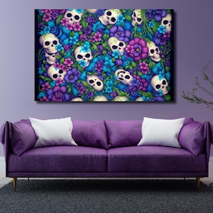 Mexican day dead Gothic home decor, Floral skull gift Mexican art print Nice skull gift,Skull Canvas, Flower wall decor,Sugar skull wall art