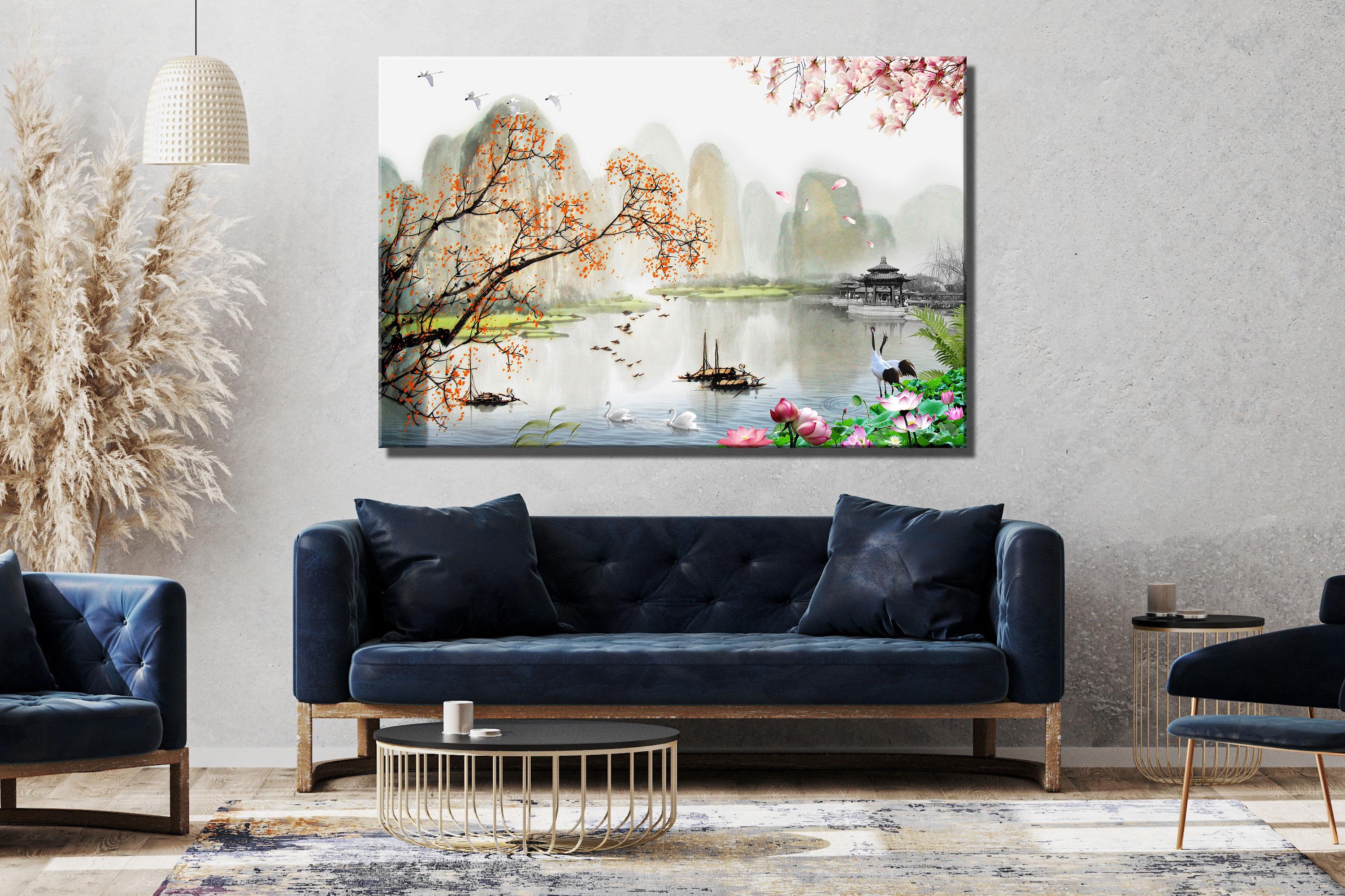 Japanese Landscape Canvas Art: Cloud, Sunrise, Pine Tree Painting