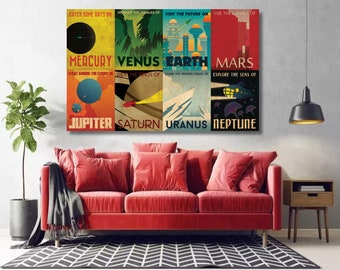 NASA Space Travel Canvas Art Print, Retro Planets Poster