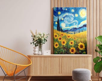 May include: A framed canvas print of Van Gogh's "Starry Night Over the Rhone" with sunflowers. The artwork features a vibrant night sky with swirling blues and yellows, and a field of sunflowers.