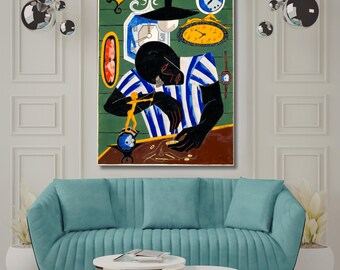 May include: A rectangular wall art print featuring a stylized illustration of a dark-skinned figure in a blue and white striped shirt working at a table. The scene is surrounded by various clocks and timepieces against a green background.