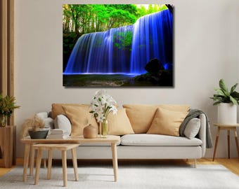 Impression sur toile cascade : oeuvre d'art murale paysage prête à accrocher