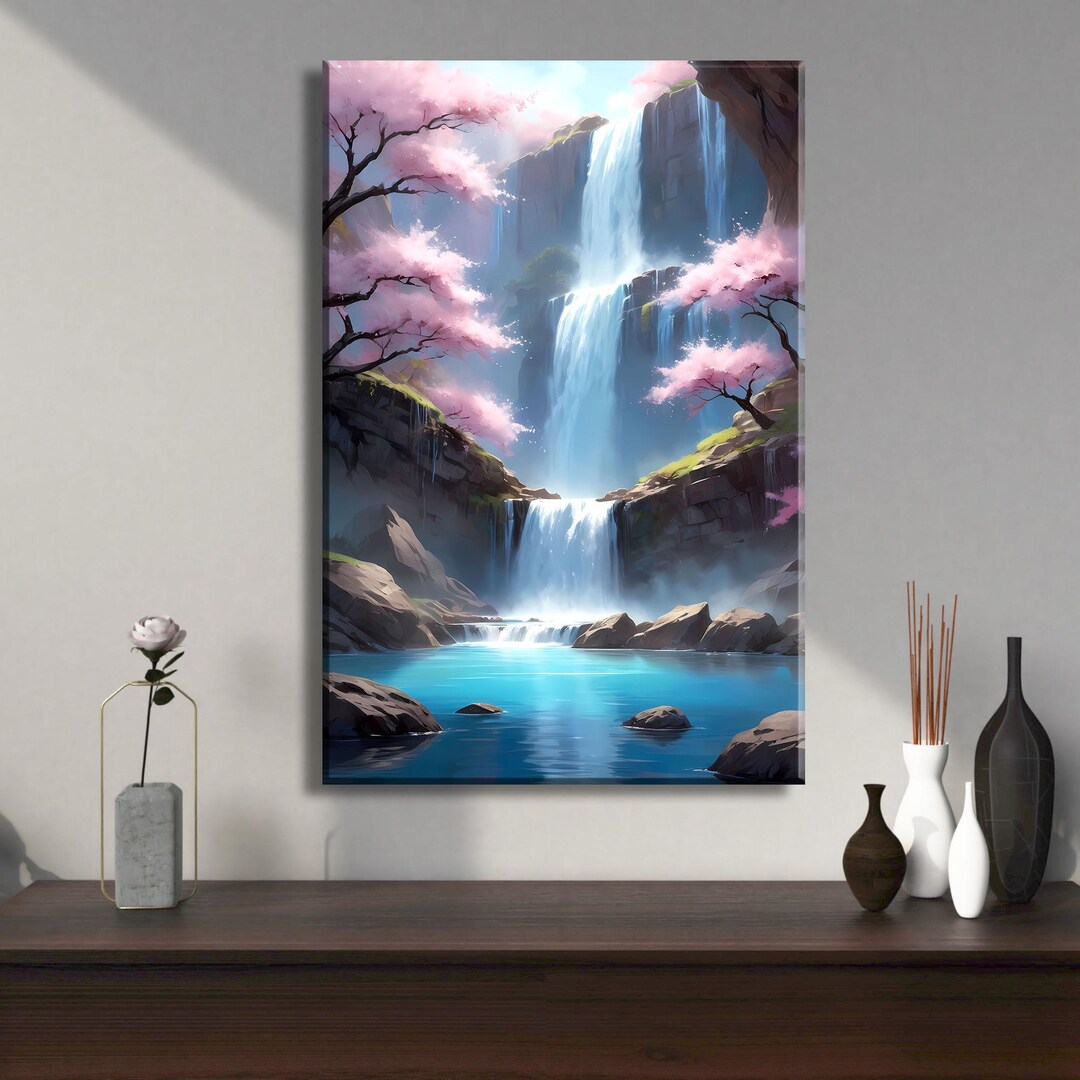 Fantasy Waterfall Canvas Art: Cherry Blossom Zen Landscape Print - Etsy