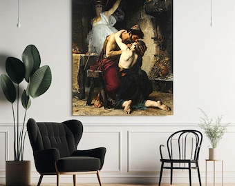 May include: A framed oil painting depicting a scene with three figures. A man and a woman embrace while kneeling on a wooden stool, while a second woman in a white dress stands behind them. The composition features dark, earthy tones and dramatic lighting.