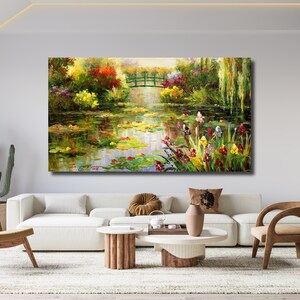 Sommer Garten Blumen auf Leinwand Landschaft Botanische Wand Kunst Dekor Brücke Bäume und Blumen Botanischer Garten Gemälde