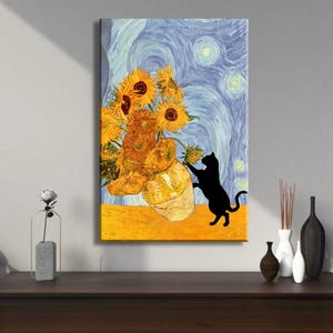 Czarny kot, plakat ze słonecznikami Van Gogha, kwiaty, zabawny kot, prezent dla miłośnika kotów, botaniczna sztuka ścienna do domu, kot w obrazie