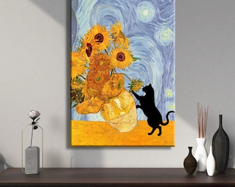 Lámina artística de gato negro: Girasoles de Van Gogh, divertida decoración botánica para pared