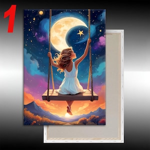 Starry Night Moonlit Swing Canvas, Romantic Wall Art, Van Gogh Inspired Print, Dreamy Home Decor, Magical Night Landscape