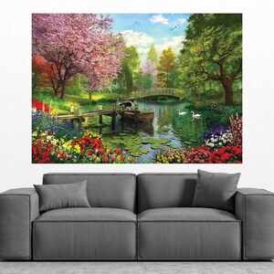 Sommer Garten Blumen auf Leinwand Landschaft Botanische Wand Kunst Dekor Brücke Bäume und Blumen Botanischer Garten Gemälde