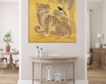 魔法の韓国のトラとカササギ | 古典神話のミンファ絵画 | 鳥と