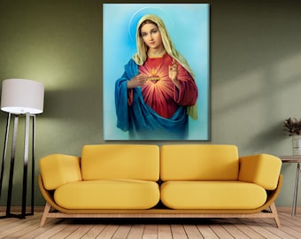 Virgin Mary Blessed Mother Immaculate Heart Of Mary Vintage Print Poster,Religious Print, Mary Canvas Wall Art Print,Sacred Heart Of Mary